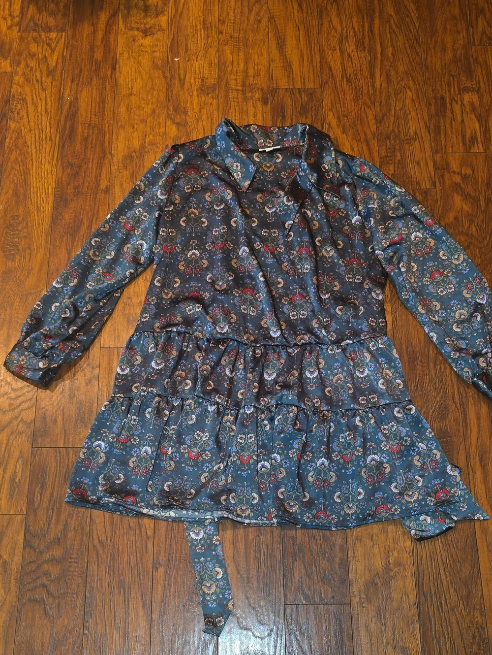 Blue Floral Tiered Long-Sleeve Dress